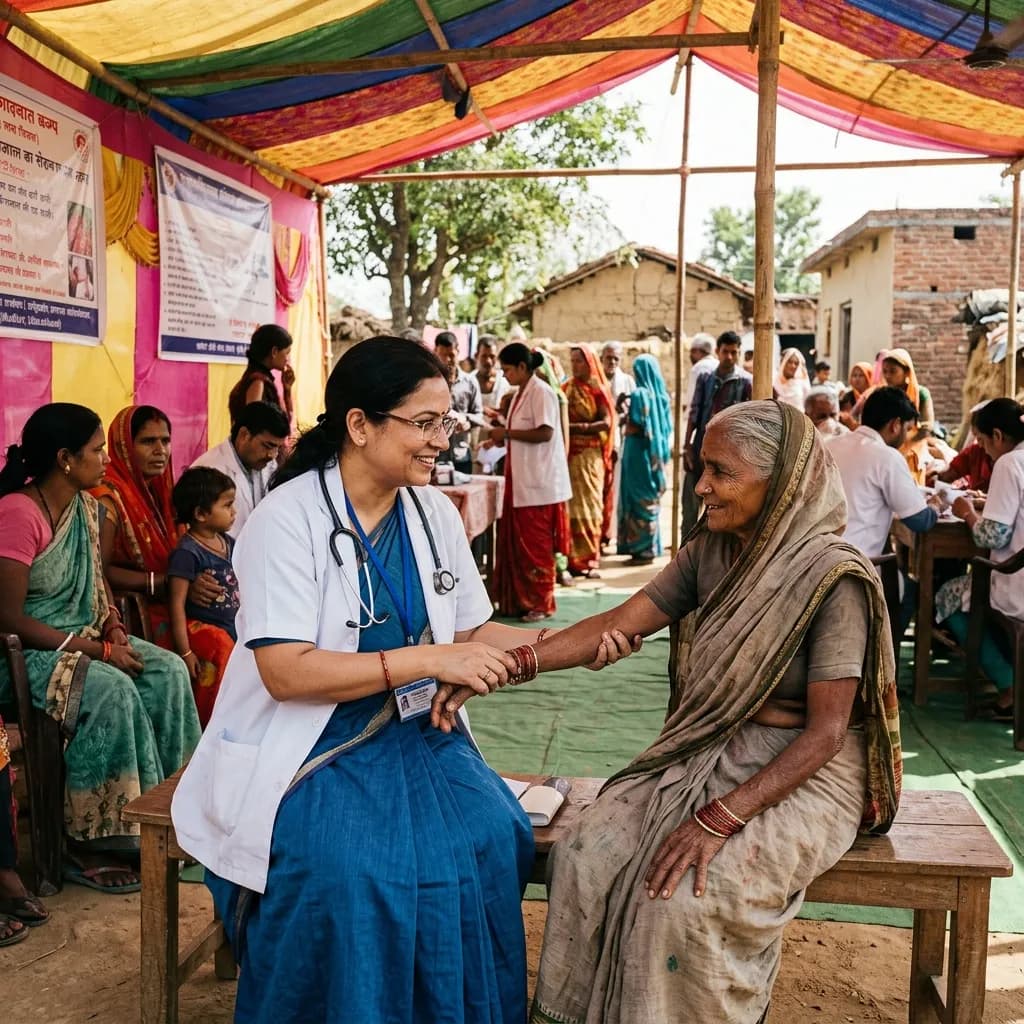 Illustration of a doctor welcoming an older woman at a community health camp