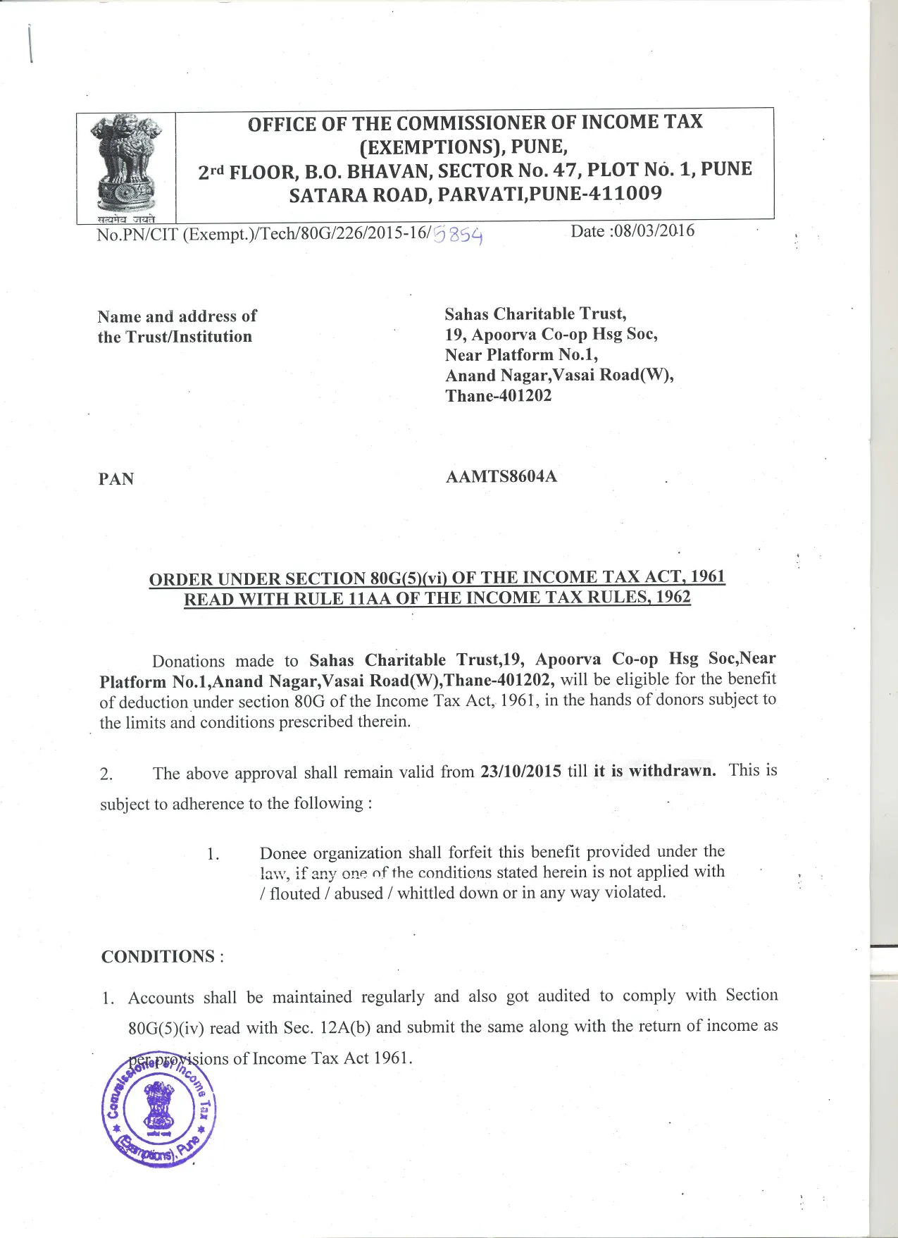 80G Tax Exemption Certificate page 1