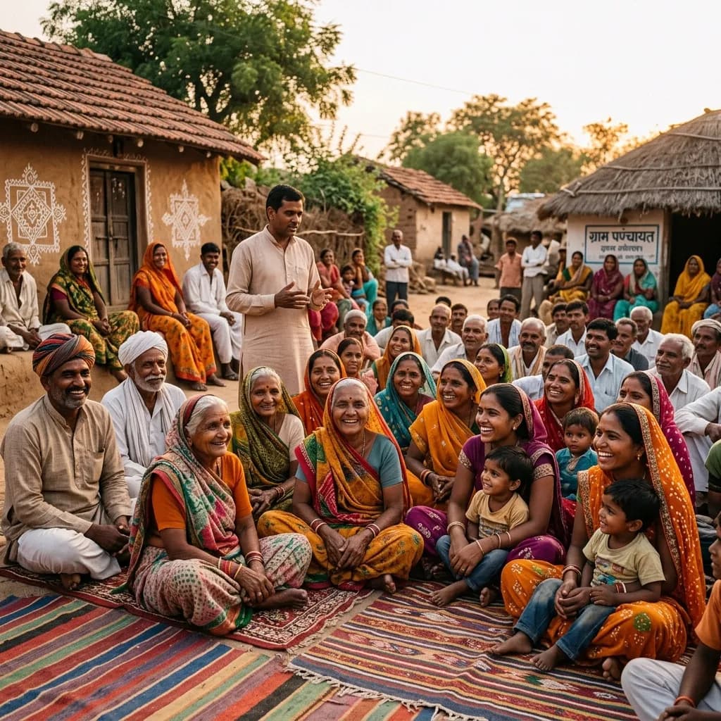 Illustration of neighbours gathering for a village community discussion