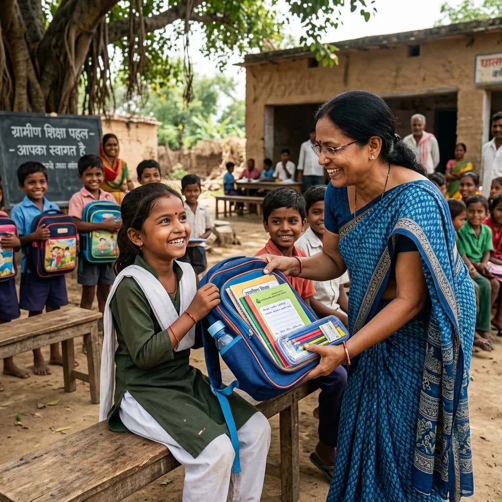 Child receiving a backpack in a rural village